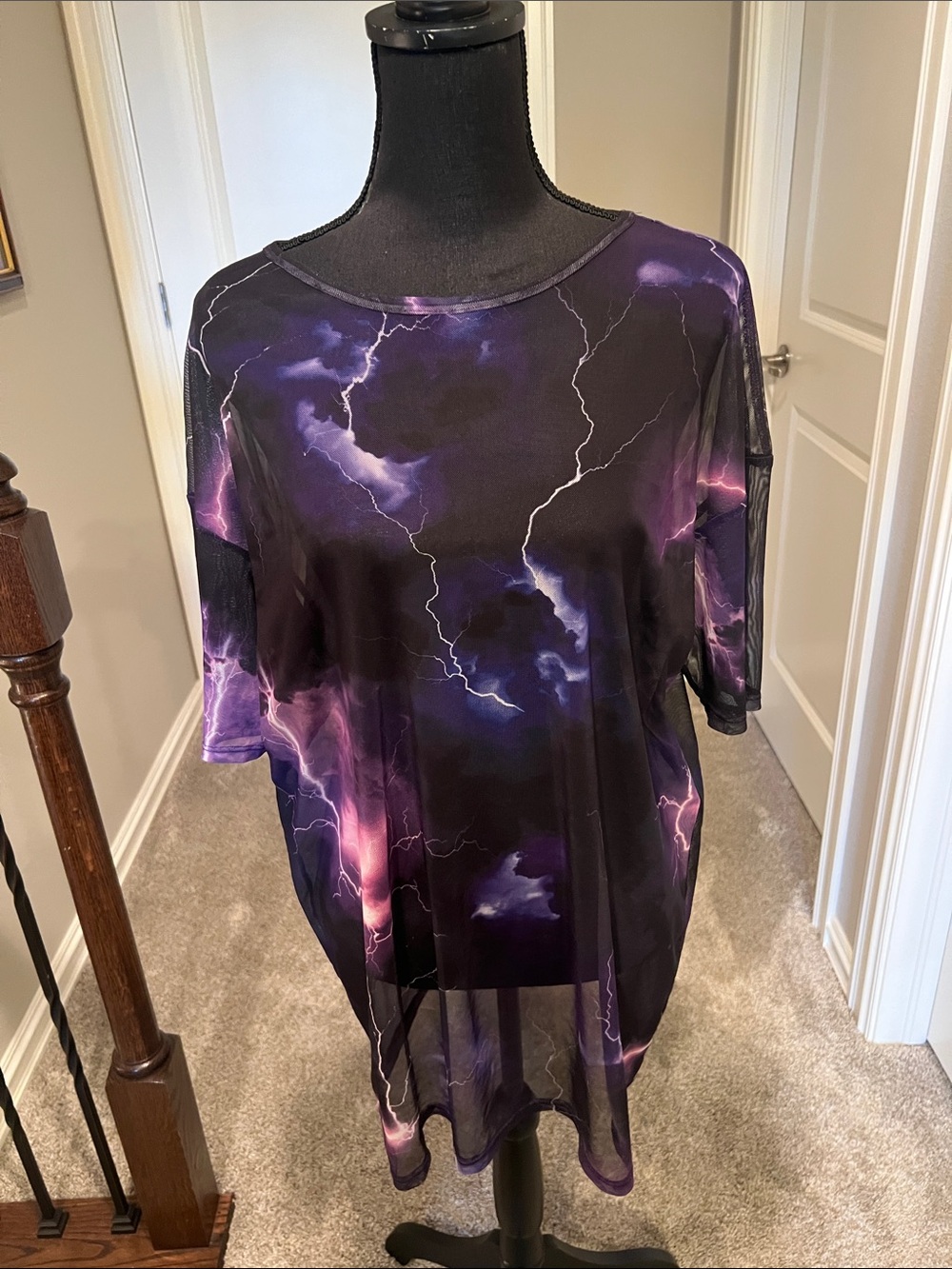 Fashion Nova Black and Purple Lightning Print Blouse Sheer Size XL